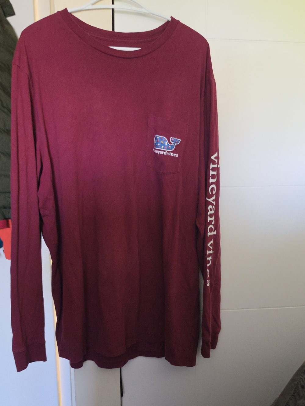 Vineyard Vines Maroon Long-Sleeve Pocket Tee with Sleeve Logo